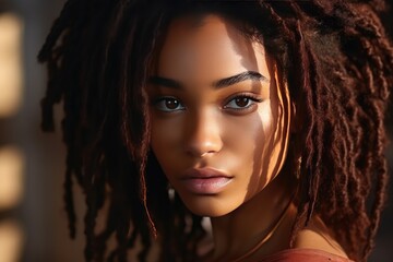 Closeup Of Young Black Woman With Natural Makeup And Dreadlocks