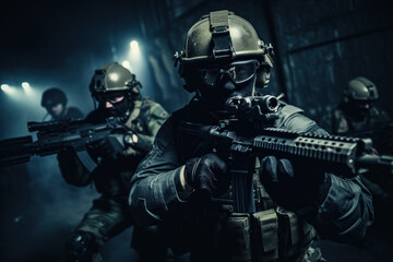 Fototapeta premium A team of military special forces infiltrating a high security facility using night vision goggles and suppressed firearms