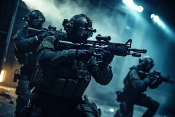 A team of military special forces infiltrating a high security facility using night vision goggles and suppressed firearms