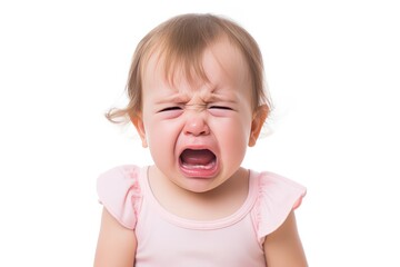 Crying Baby Girl Isolated On White Background. Сoncept Newborn Photography, Emotional Portraits, Baby Expressions, Tender Moments