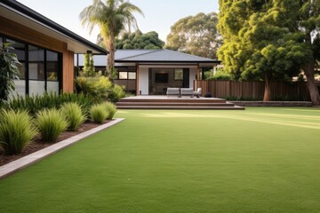 Contemporary Lawn Turf With Wooden Edging In Front Yard