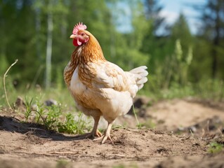 Fototapeta premium A proud rooster stands tall on the farm, with a blurred barn in the background, a picture of free-range life.