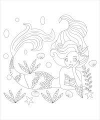 Cute mermaid sitting on stone. Hand drawn cartoon illustration. Isolated on white. ART Artist_polash