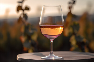 Glass of white wine on the table outdoors on blurred natural background, closeup
