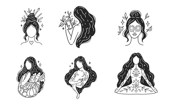 Set Self care, love yourself, mindful. Feminine vector Illustrations. Mental Healthcare. Meditation and relaxation for health. Doodle cute style