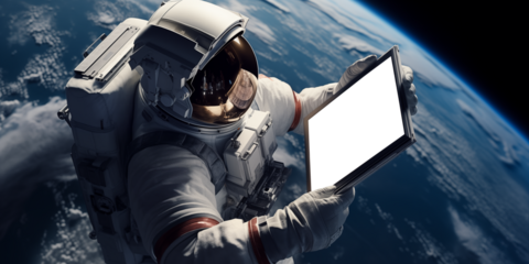 Astronaut checking infromations on digital  tablet in outer space