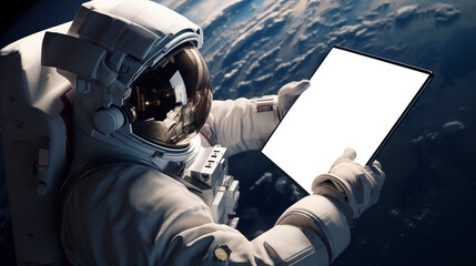 From profile view of astronaut holding tablet in hands in outer space