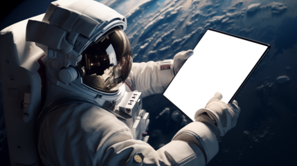 From profile view of astronaut holding tablet in hands in outer space