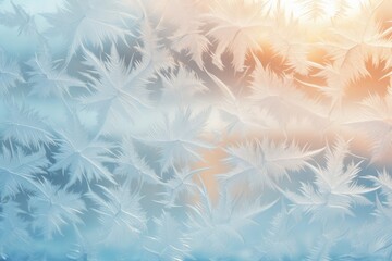 Frost Patterns On Window Pane, Intricate And Delicate, With The Backdrop Of Vibrant Sky. Сoncept Winter Wonderland, Frozen Beauty, Windowpane Art, Enchanting Frost, Sky And Ice