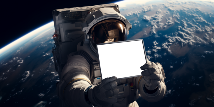 Astronaut in outer space showing information on tablet