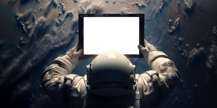 From above view astronaut holding tablet in hands in space