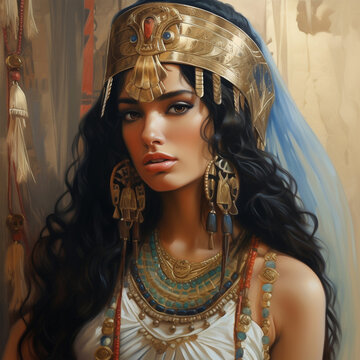 A young odalisque girl in a golden tiara helmet from the ancient city of Egypt