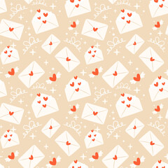 Cute seamless pattern with envelope, hearts and bows. Hand drawn Valentine's day vector pattern. Perfect for wrapping paper and textile