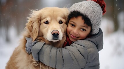 A small black boy hugs his pet golden retriever. Winter activity holidays generative ai