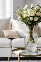 Close up of glass vase with flowers on round coffee table near white sofa. Scandinavian style home interior design of modern living room.