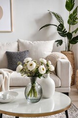 Close up of glass vase with flowers on round coffee table near white sofa. Scandinavian style home interior design of modern living room.