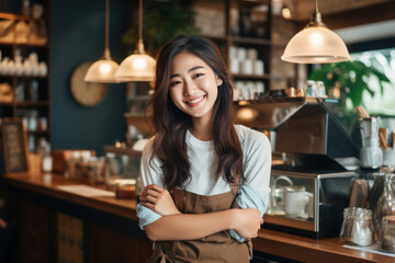 A young and cheerful Asian woman, a proud cafe owner who also works as a barista with a warm smile - obrazy, fototapety, plakaty