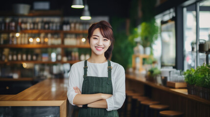 Fototapeta premium A young and cheerful Asian woman, a proud cafe owner who also works as a barista with a warm smile