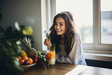 A Healthy young woman enjoying a fresh fruit smoothie at home. Beautiful woman preparing to cook a...