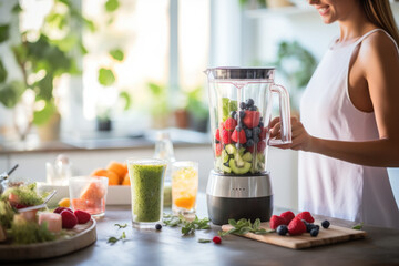 A Healthy young woman enjoying a fresh fruit smoothie at home. Beautiful woman preparing to cook a detox meal in the kitchen at home for vitamin C health. Healthy drinks - obrazy, fototapety, plakaty