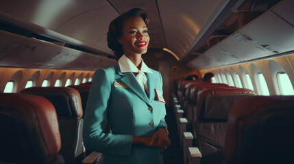 African American woman working as flight attendant Female airplane stewardess interior of passenger plane - obrazy, fototapety, plakaty