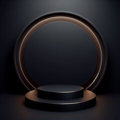 A luxurious black and gold circular stage, featuring a central pedestal, softly lit against a dark background.