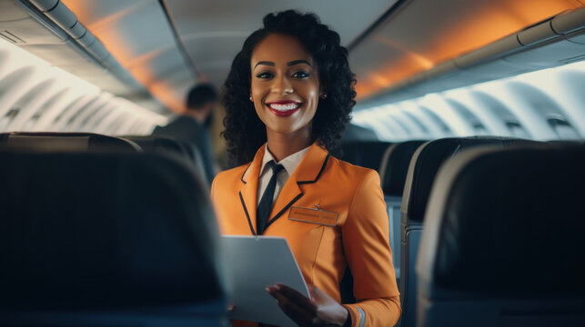 African American woman working as flight attendant Female airplane stewardess interior of passenger plane