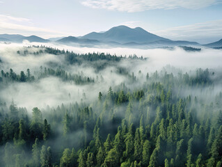 misty morning over the forest in the mountains