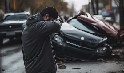 Fototapeta premium Sad man after a car accident holding his head. Car accident on the street, damaged car on background