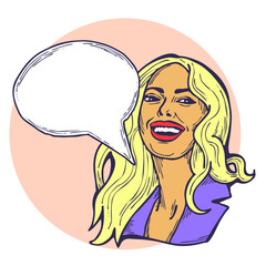 Beautiful young woman talk. Empty speech bubble for sale promotion, text background, quotes. Hand drawn illustration, cartoon comic style.