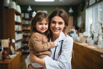 Children healthcare doctor visit consultation concept. Smiling doctor hugs baby child during medical checkup at hospital clinic. Friendly caring professional pediatrician cheking kid small patient - obrazy, fototapety, plakaty