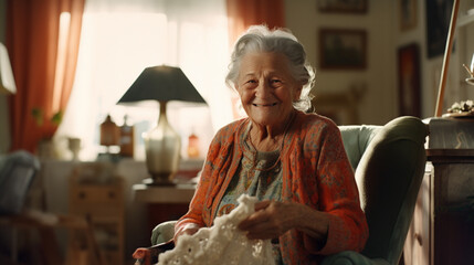 lady over 60 years old, smiling, happy, free, sitting in a chair, sewing, inside her home