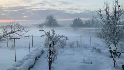 Moving fog with pink sunlight during sunrise over fields with snow behind garden with fence near noise barriers along national road in Poland with horizon with trees - timelapse.
