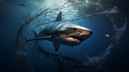 Shark that was hunted from a fishing boat, aquatic animal catching concept. - obrazy, fototapety, plakaty