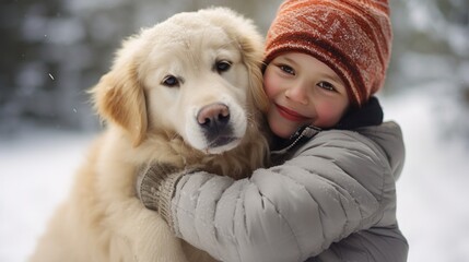  A small white boy hugs his pet golden retriever. Winter activity holidays generative ai