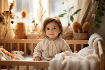 An adorable baby sits in her crib, surrounded by a cozy crib and playful blankets in her nursery