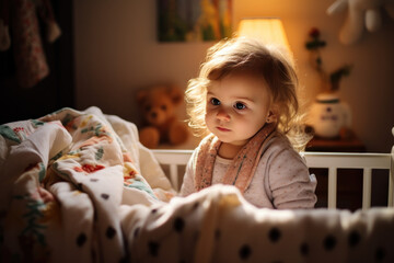 Fototapeta premium An adorable baby sits in her crib, surrounded by a cozy crib and playful blankets in her nursery