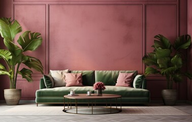 Vintage Elegance: Pink Wallpaper and Green Plant in Living Room