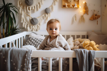 An adorable baby sits in her crib, surrounded by a cozy crib and playful blankets in her nursery