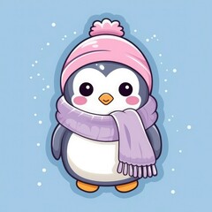 Sticker with die-cut in the form of a penguin in a scarf and mittens, kawaii color background, pastel colors