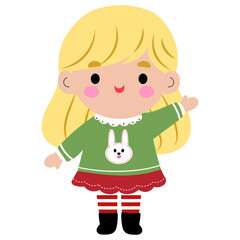 Happy Girl Character Wear Green Winter Clothes