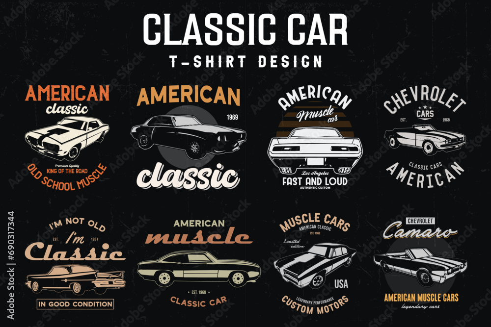 Sticker Classic Car T-shirts Designs bundle. vintage cars vector t-shirt graphic.