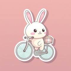 Sticker with die-cut in the form of a rabbit on a bicycle, kawaii color background, pastel colors