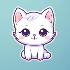 Sticker with die-cut in the form of a cat with a smile and a great tail, kawaii color background