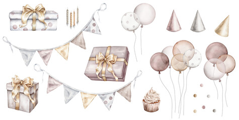 Happy Birthday Watercolor set. Hand drawn collection with gift boxes, garlands and cake for baby shower in cute pastel pink and gold colors on isolated background. Illustration with presents for party