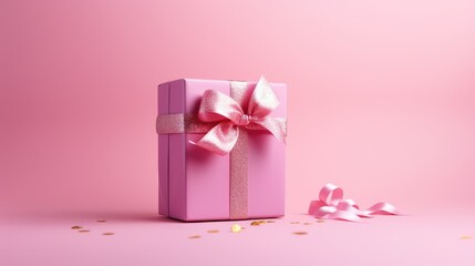 A gift box in pale pink pastel color on a blurred background. Heart-shaped bokeh.