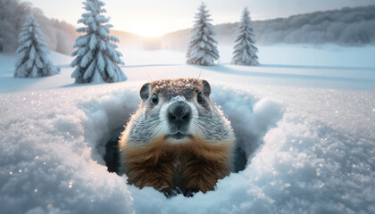 Groundhog emerges from snowy den. Groundhog Day celebration. - obrazy, fototapety, plakaty