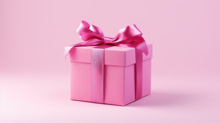 A gift box in pale pink pastel color on a blurred background. Heart-shaped bokeh.