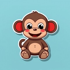 Fototapeta premium Sticker with die-cut in the form of funny monkey, kawaii color background, pastel colors