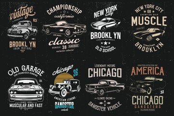Vintage Classic Car T-shirt Designs bundle. American old cars t-shirt. - obrazy, fototapety, plakaty